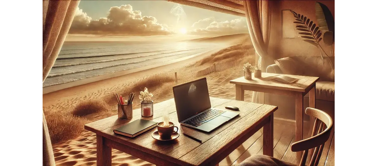 a laptio in a table beneatha. canopy with a view to a beach