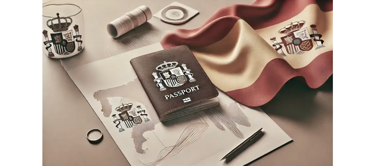 Spanish Passport and a flag in a surface with documents