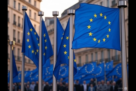 European Union flags on poles in midtown