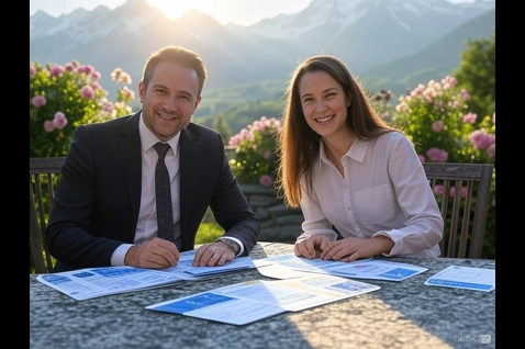 Alps landscape with two people dealing with EU documents