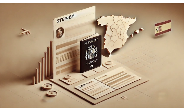 Illustration of a bank account form, Spain map, and financial documents, indicating banking guidance.