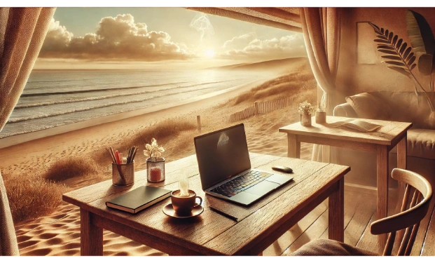 Serene beachside workspace setup with a laptop and coffee, representing digital nomad lifestyle in Spain.