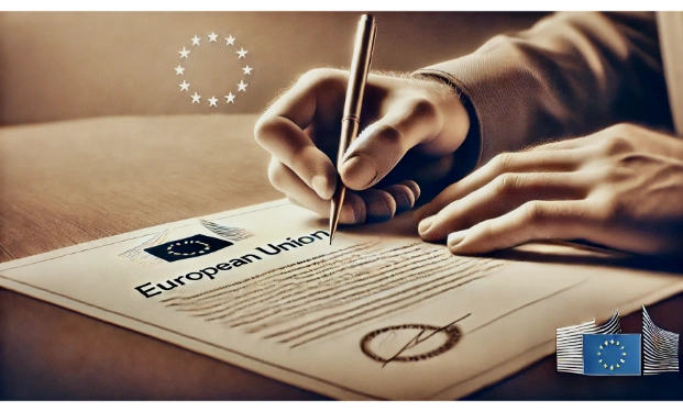 Image of a person filling out an empadronamiento form with an EU flag, highlighting legal registration in Spain.