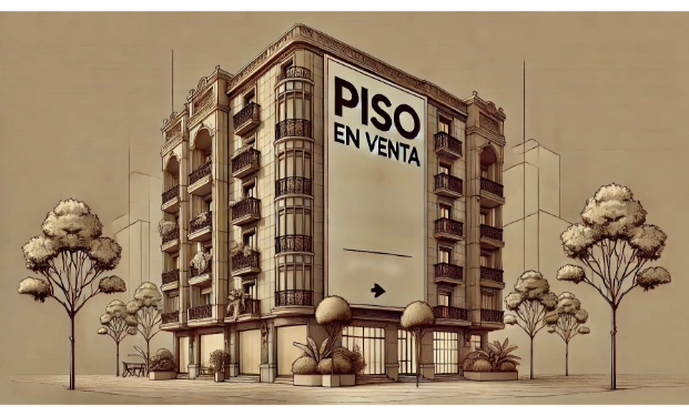 Illustration of an apartment building with a 'Piso en Venta' sign, symbolizing housing guidance in Spain.