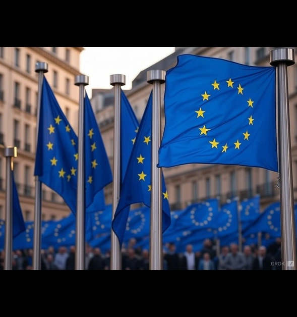 EU flags outside convention center