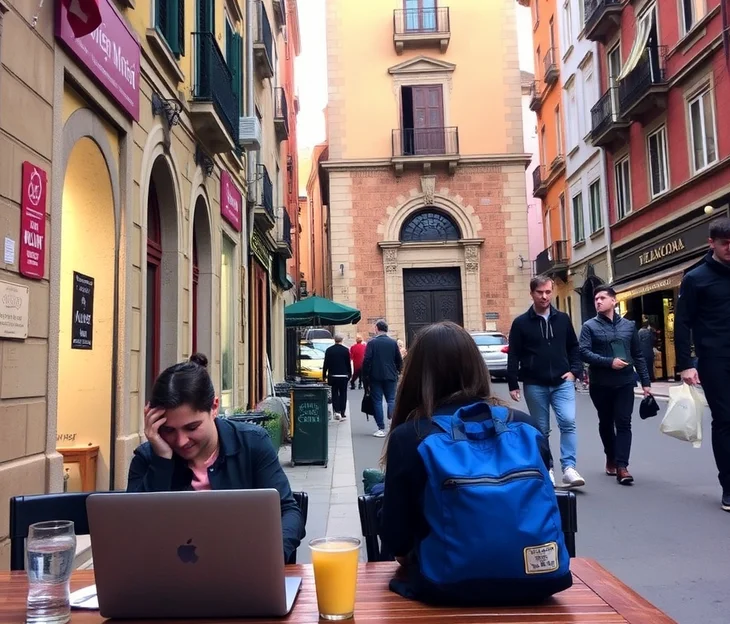 People in an Old town part of a city in Spain working with a laptop. 