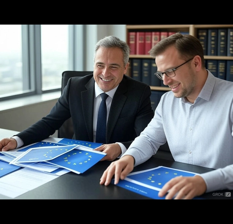two men in a office sorting out documents about EU relocation process